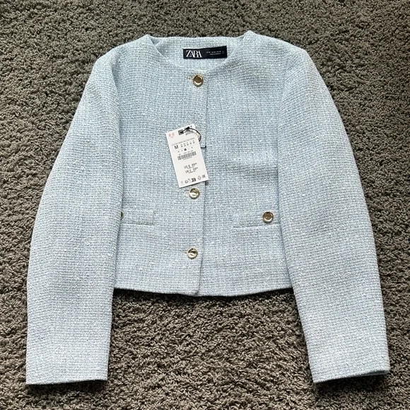 Zara Light Blue Tweed Jacket with Gold Buttons - Picture 1 of 4